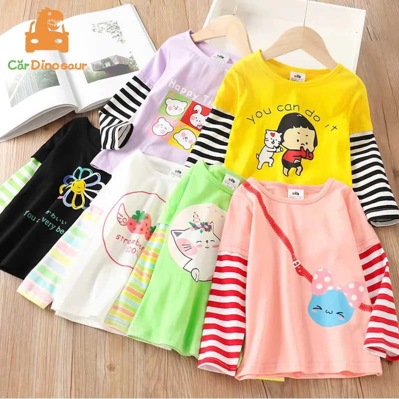 

2025 Spring Autumn Fashion 2 3 4 5 6 7 8 910 Years Cute Cotton Striped Color Patchwork Cartoon Basic T-Shirt For Kids Baby Girls