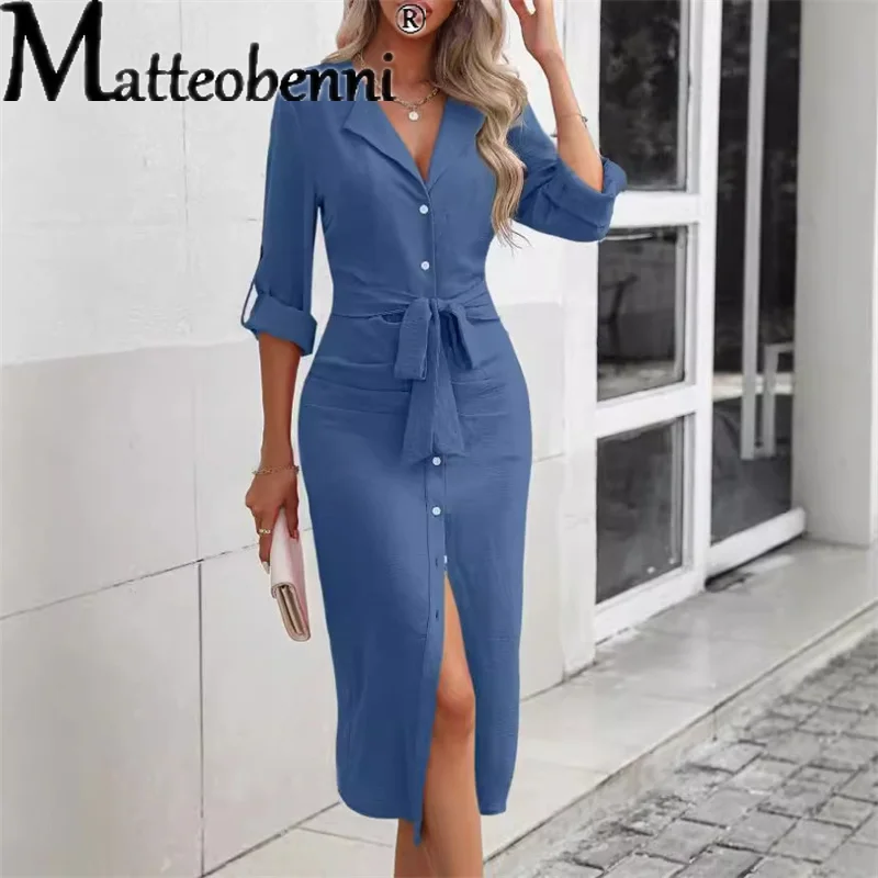 

Women Elegant Fashion Lace up Bodycon Split Long Dress Spring Autumn Ladies Solid Color Long Sleeve Casual Slim Pencil Dresses