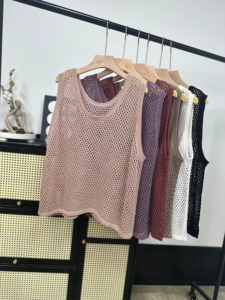 

High Quality Large-sized Solid Color Hollowed Out Knitted Vest for Women's Outerwear, Summer Thin Loose Fitting Ice Silk Top