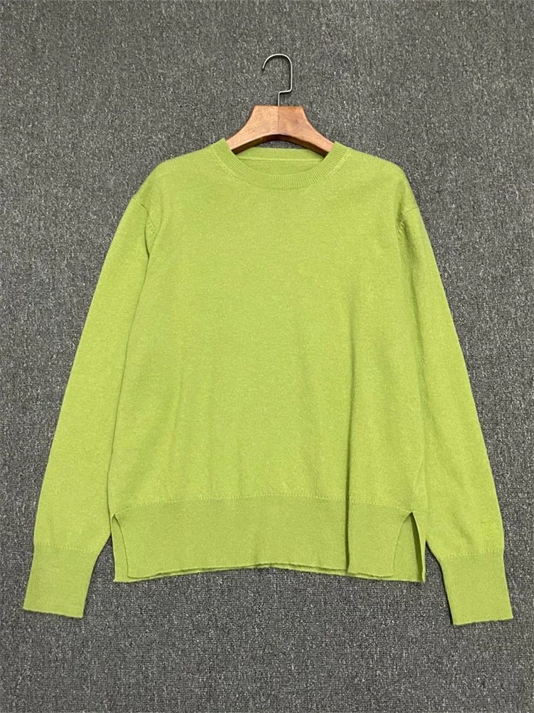 Women Cashmere Knitted Sweater 2024 New Autumn Long Sleeve Green or Black or White or Apricot Side Slit Knitwear Pullover Tops