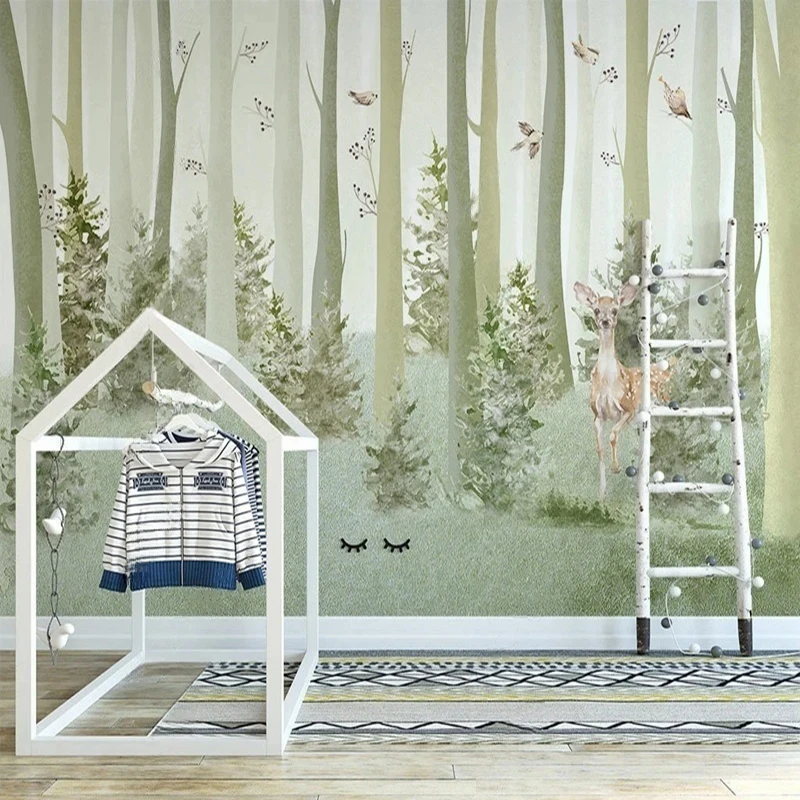 Original Nordic-style hand-drawn fresh pine forest with small animals art as the children's room background wall