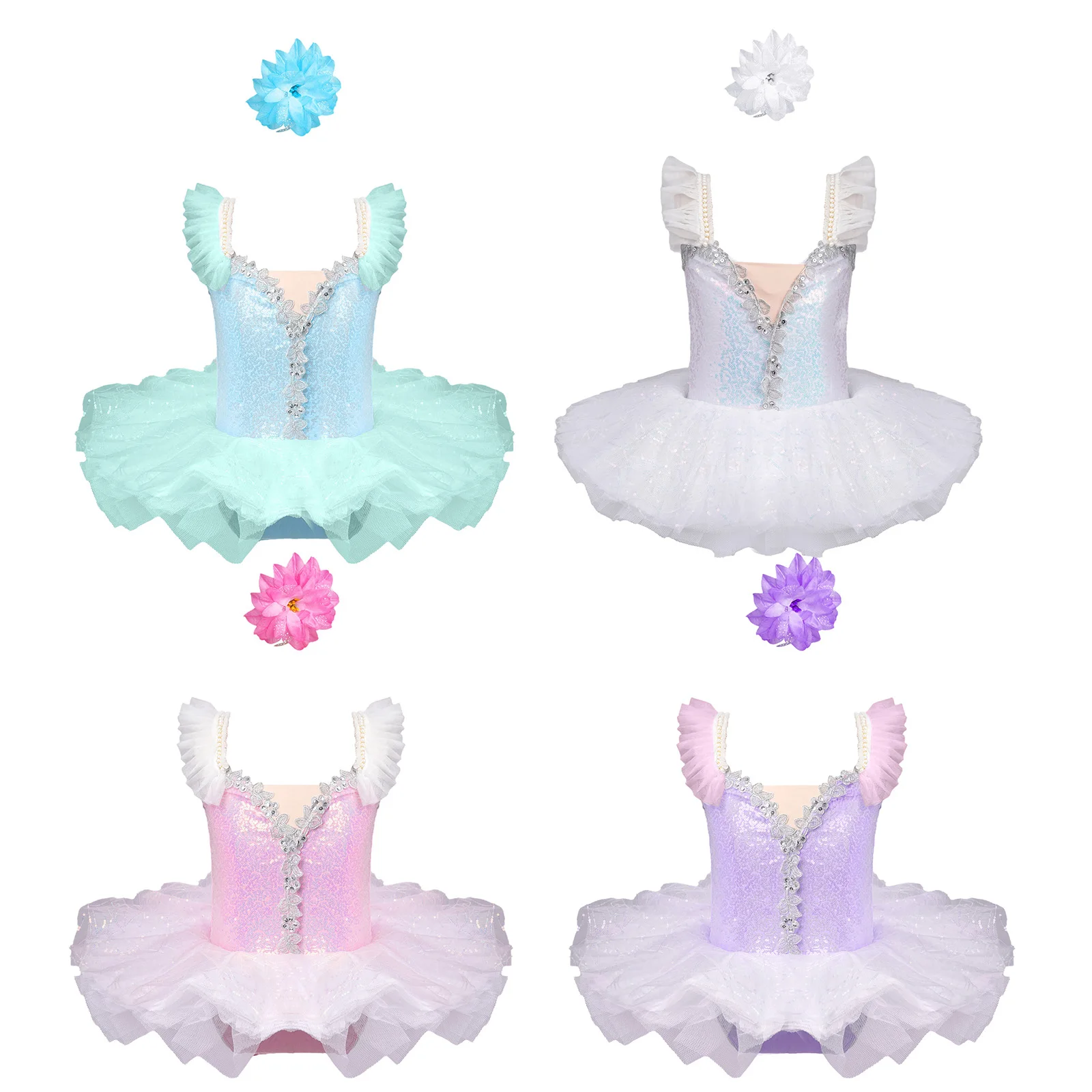 

Kids Girls Ballet Dance Dress Stage Performance Costume Faux Pearl Jumpsuit Straps Shiny Sequins Tutu Dress Headwear Dancewear