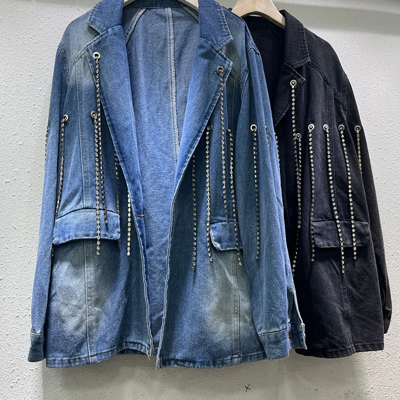 [zoci] Wind 2024 Autumn New Design Sense Irregular Tassel Decoration Denim Suit Jacket Trend