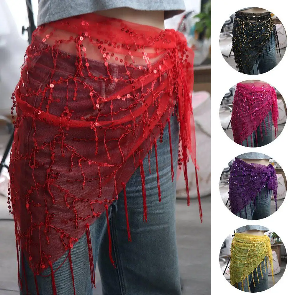 

Indian Style Shiny Sequins Belly Dance Hip Scarf Triangular Tassel Women Waist Chains Elegant 6 Colors Dancer Skirt For Girl