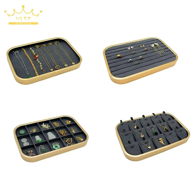 

Dark Grey Jewelry Counter Organizer Tray with Gold Frame Rings Necklace Bracelet Display Holder Multi-Function Jewelry Storage
