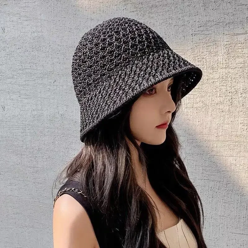 Handmade Crochet Floppy Summer Hats Collapsible Dome Bucket Hat Hollow Out Solid Color Beach Caps Simplicity Soft Women Hat