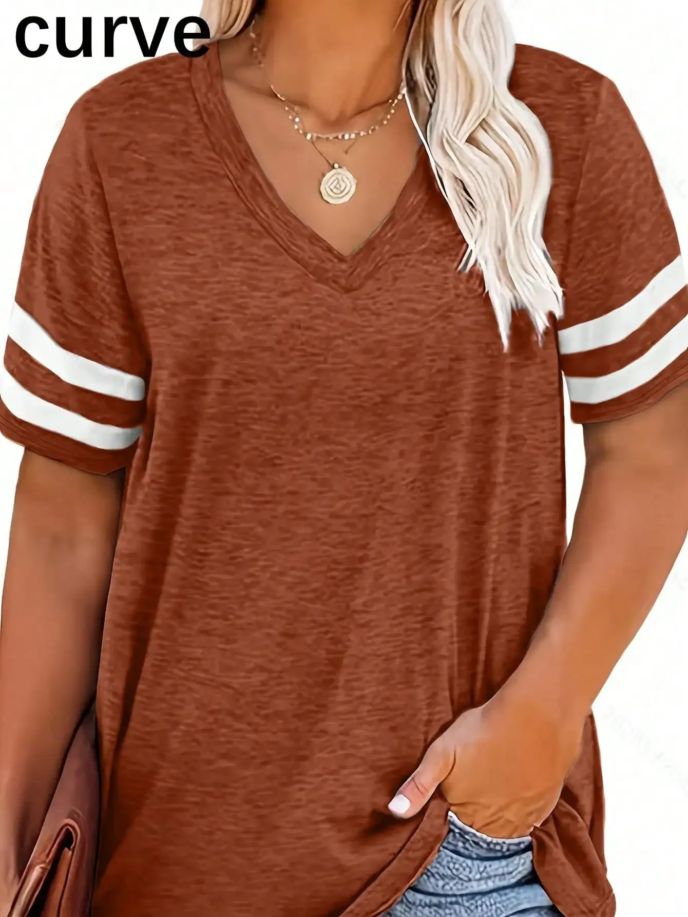 

Plus Size 0XL-5XL Women's Fashion Color Blocked V-neck T-shirt Summer Loose Micro Elastic Top Short Sleeved Casual T-shirt