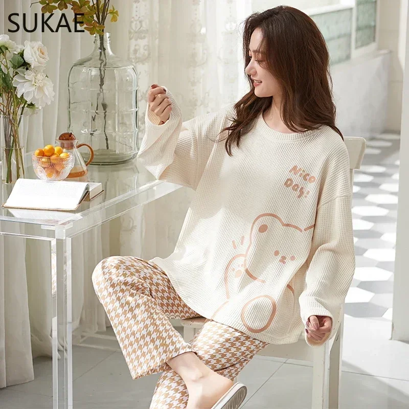 SUKAE Autumn Winter New Waffle Cotton Women Pajamas Set Casual Long Sleeves Minimalist Style Sleepwear Mujer Homesuits Pijamas