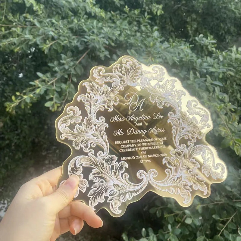 

Custom retro Wedding Invitation Gold Mirror Acrylic Carte D'invitation De Mariage For Exhibition Engagement