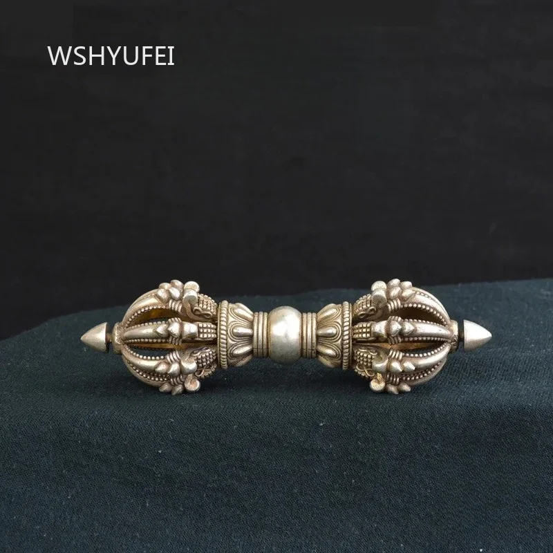 Nine-pronged Vajra Pestle Tibetan Buddhism Ritual Tool Copper Silver-plated Dorje Vintage Tantric Dharma Object Decor