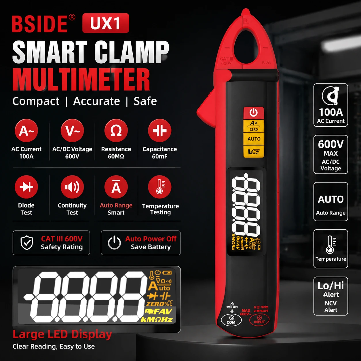 BSIDE UX1 Digital Clamp Meter 100A Auto-ranging Non-contact Current Voltage Frequency Temperature Voltmeter Multimeter