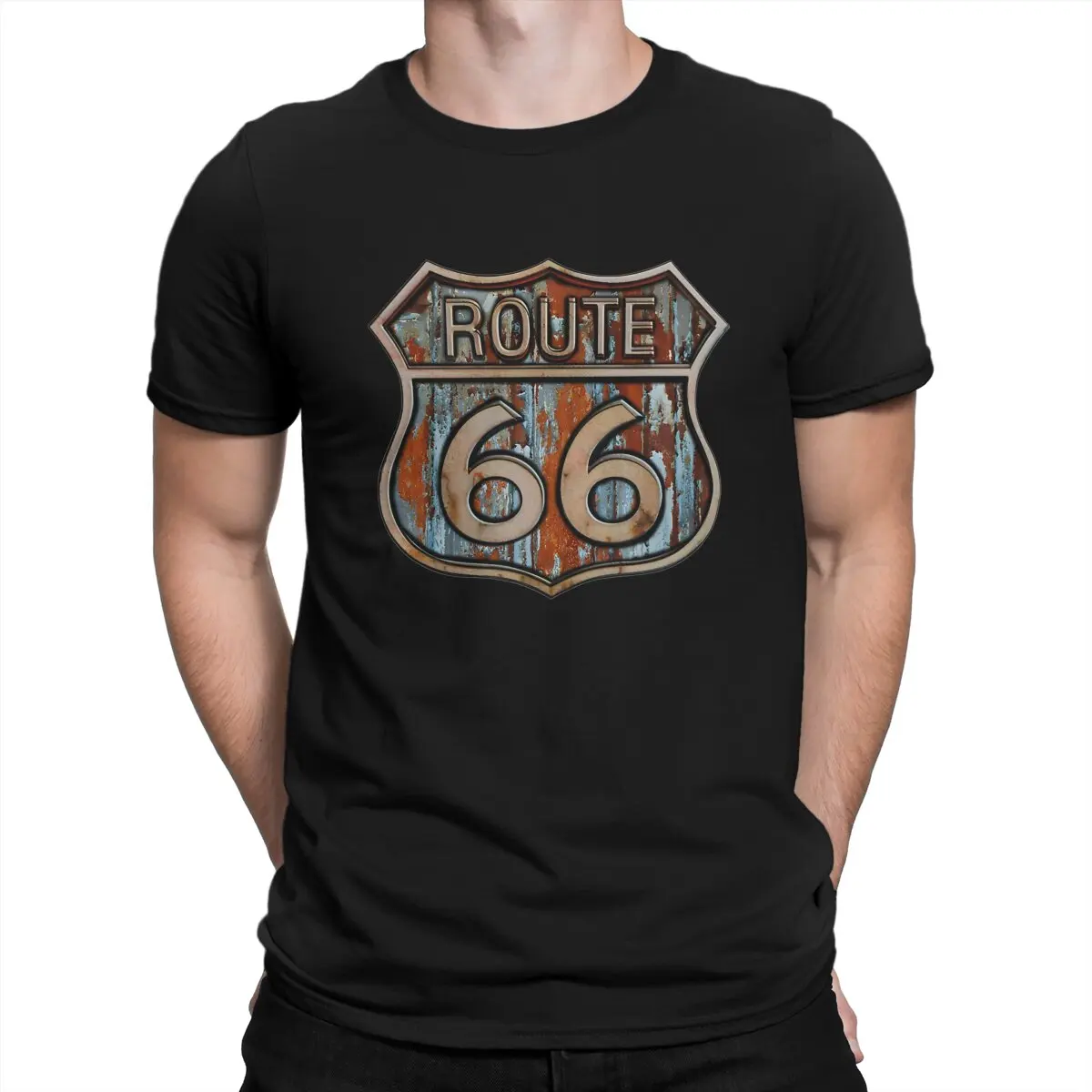 Men Rusted Metal Plate T Shirts Route 66 Cotton Tops Humorous Short Sleeve O Neck Tees Classic T-Shirt