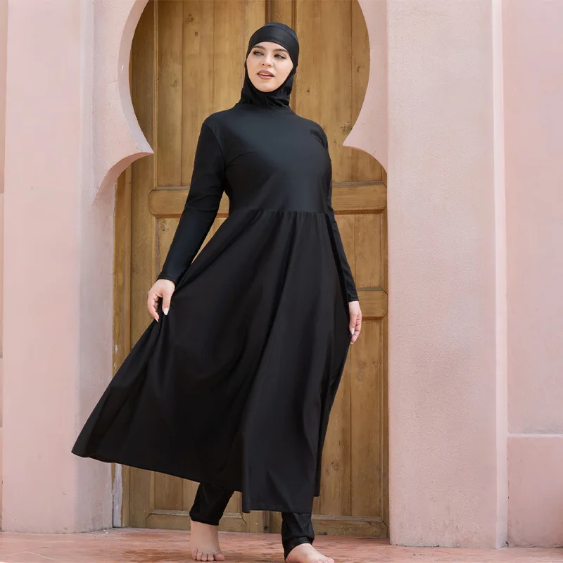New 3‑Piece Muslim Burkini Swimwear Long‑Sleeve Flared Modest Bathing Suit With Hijab Conservative Women Islamic Beach Swimsuit