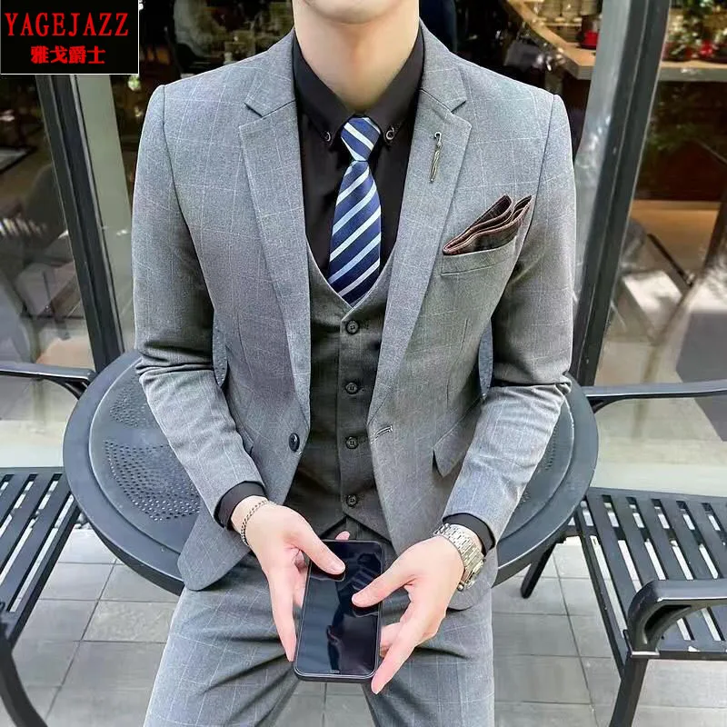 

Men's Tee-Piece Suit Set Formal Wedding Dr Code Busin Casual Host Ele Quali Polyester Plaid Slim Fit Wedding Dr