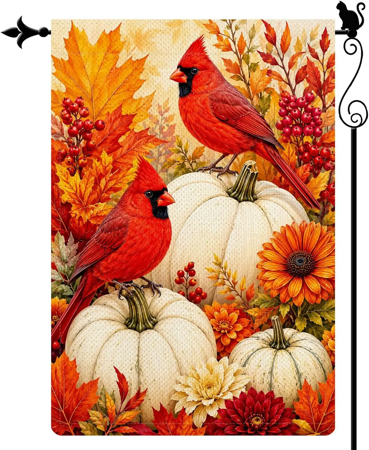 Autumn Cardinal White Pumpkin Garden Flag, 12 x 18 Inch Yard Decor bbp