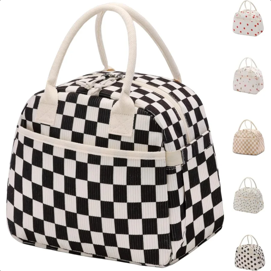 

Lunch Box for Women Insulated Lunch Bag Cute Corduroy Lunchbag Reusable Lunchbox for Work Black White Checkered