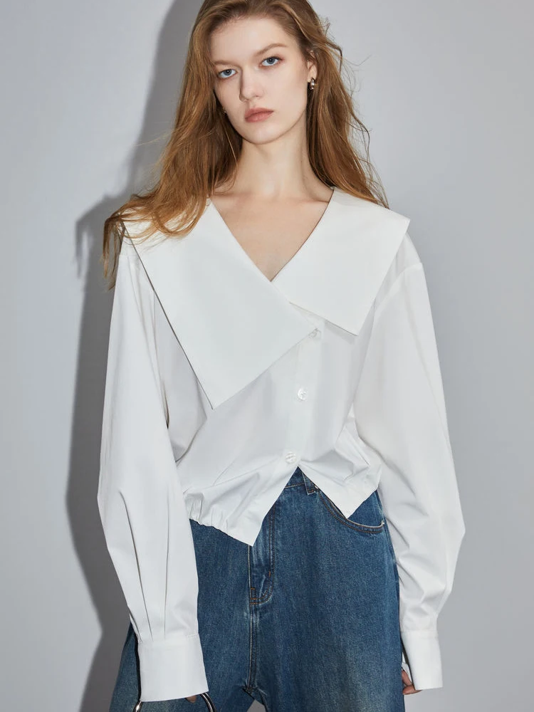 

White Pure Cotton Shirt Women Irregular Long Sleeve Office Lady Blouse Loose Casual Sailor Collar Fashion European Simple Tops