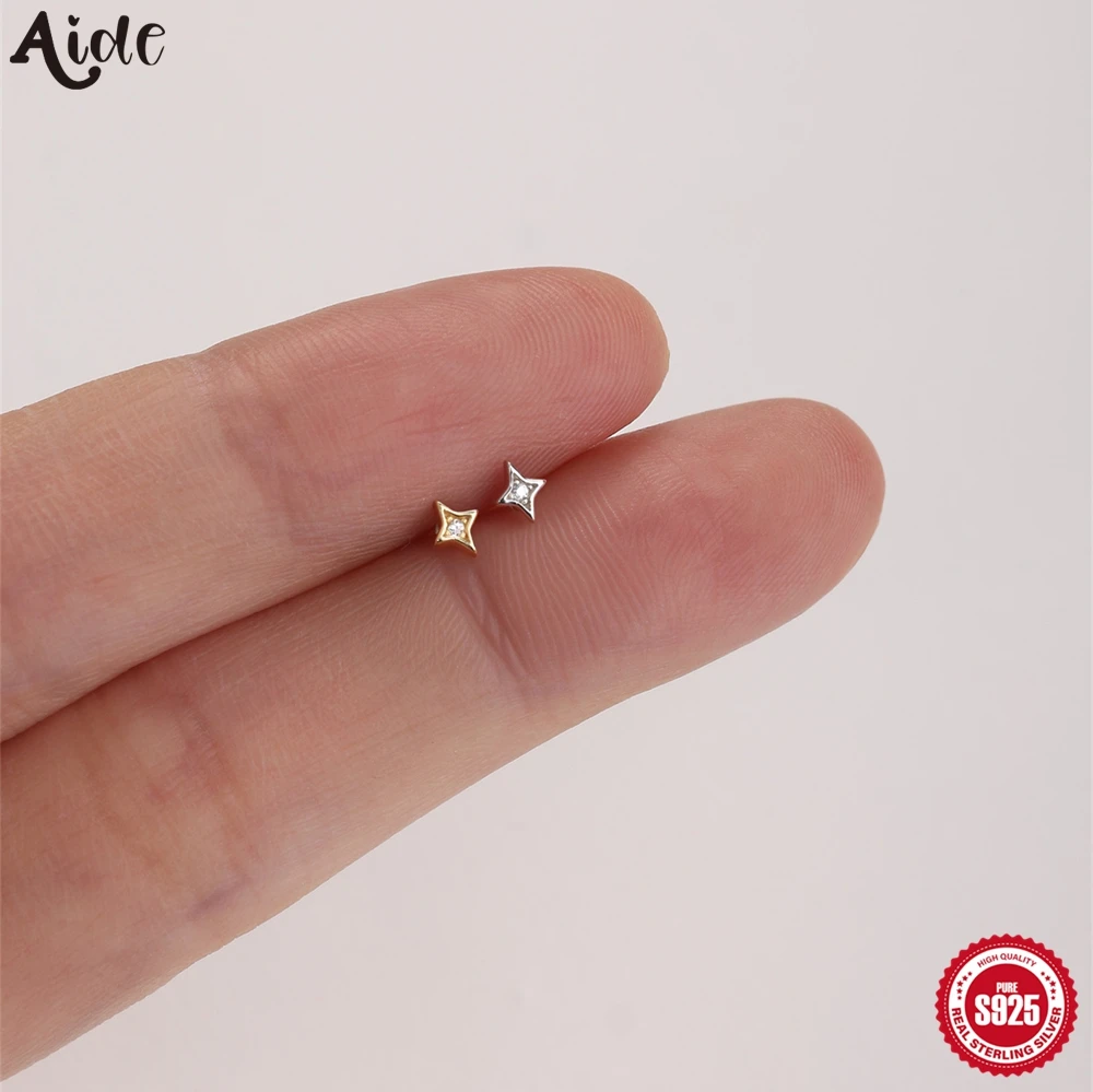 Aide S925 Sterling Silver Star Stud Earrings Tiny Four-Pointed Star with Zircon Cartilage Earrings for Women Daily Jewelry 1PC