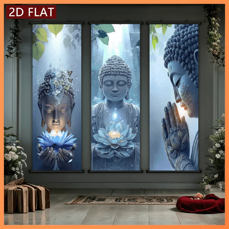 VIKAMA Spiritual Buddha Blue Lotus Scroll Tapestry Vertical Buddha Statue Sacred Lotus Wall Hanging Wall Backdrop