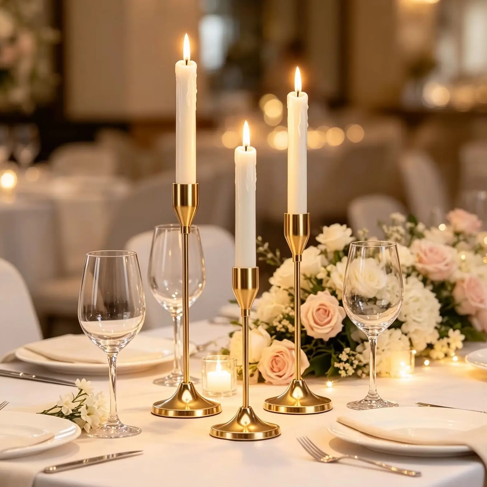 Premium Brass‑Tone Candlestick Set Assorted Height Candle Stand Ornament for Wedding Banquet Kitchen Bar Fireplace Home Decor