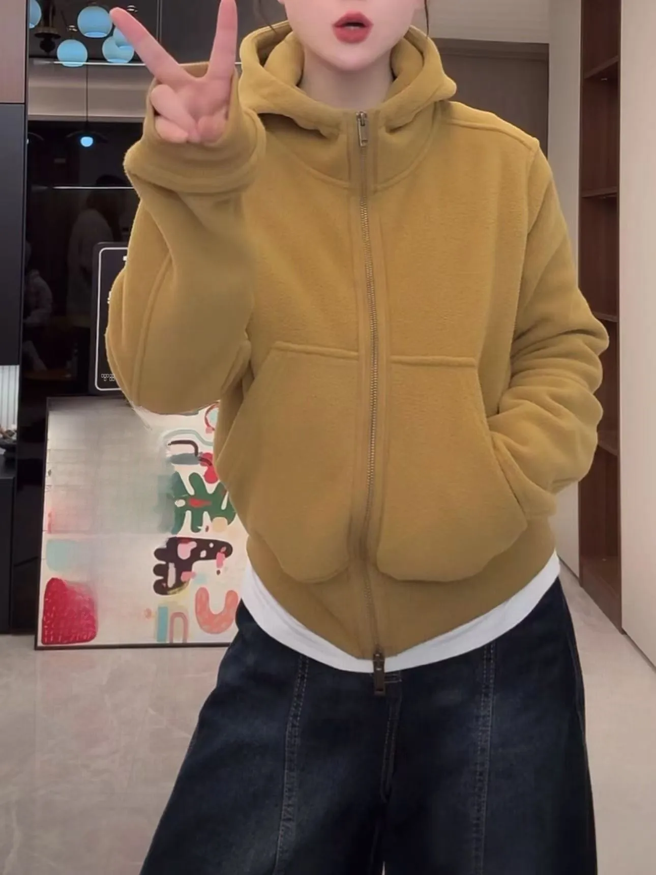 Thiened 양면 Fce 스웨트셔츠 자켓 여성 캐주얼 올매치 슬림핏 롱 슬리브 오픈 가디건 겨울용