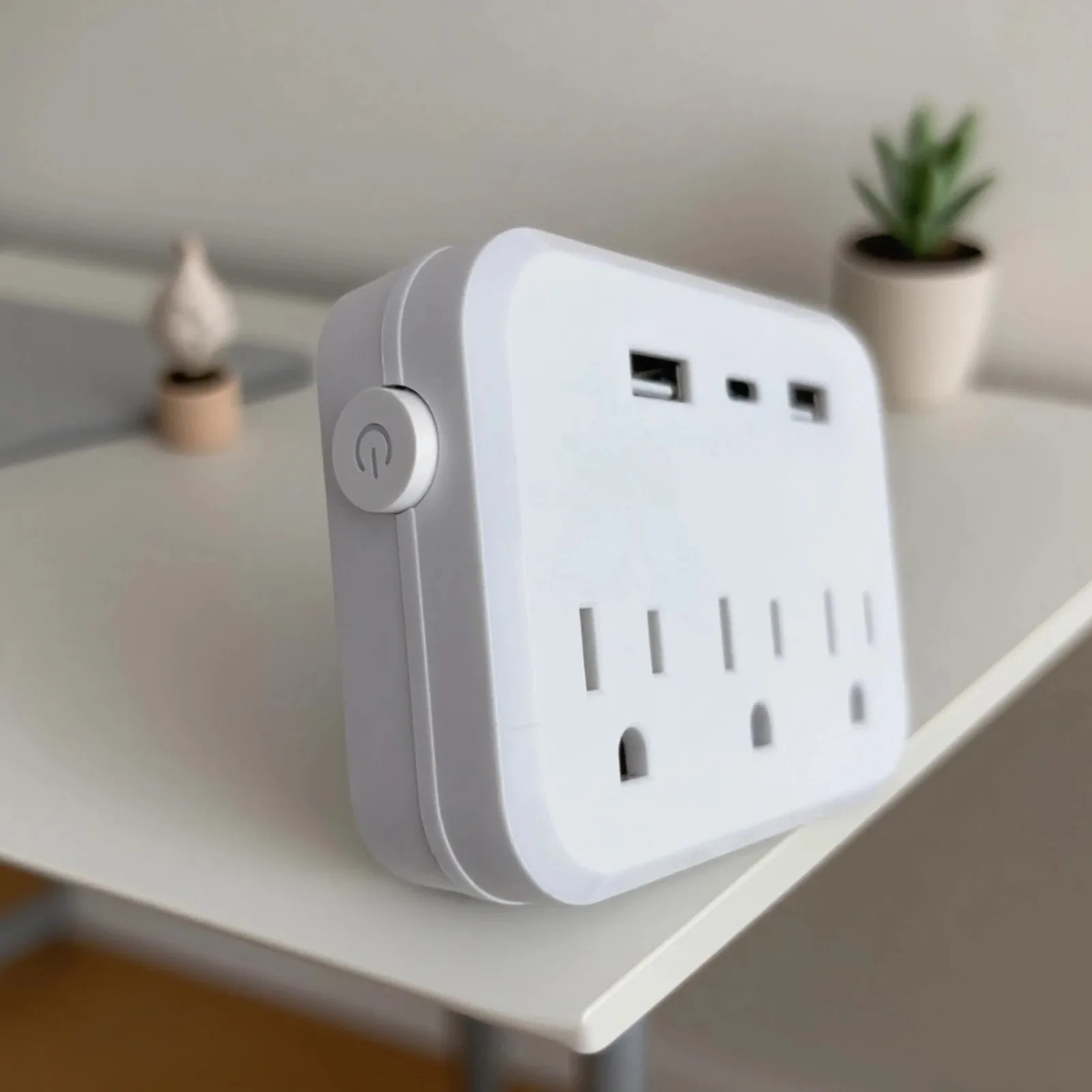 Portable Mini 6 in 1 Surge Protector Power Strip US Plug White Charger 3 Sockets 2 USB 1 Type C