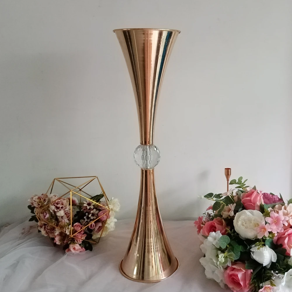 10PCS Gold Vases Metal Flowers Pot Crystal Wedding Centerpieces Event Flower Road Lead For Home Hotel Decoration