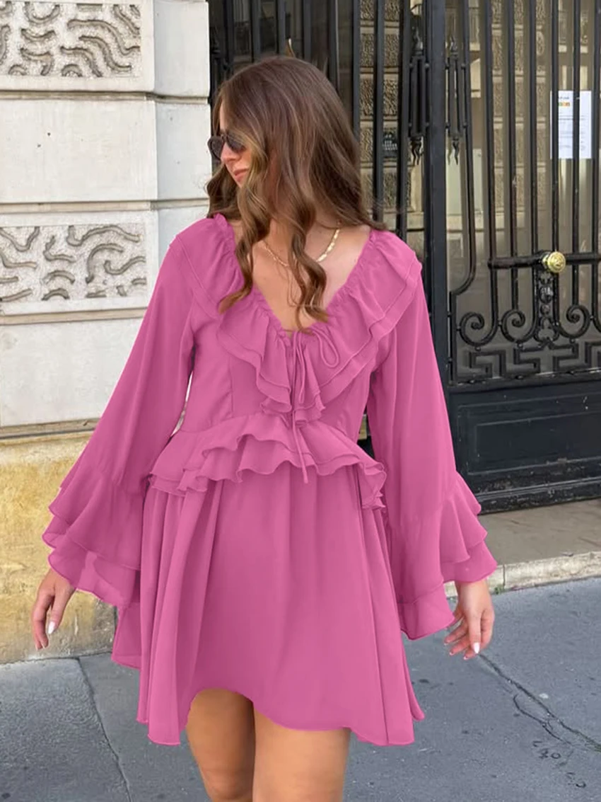 

Marthaqiqi повседневная женская ночная рубашка с длинными рукавами, сексуальные пижамы с v-образным вырезом, ночная рубашка на шнуровке, мини-платье, свободная женская одежда для сна