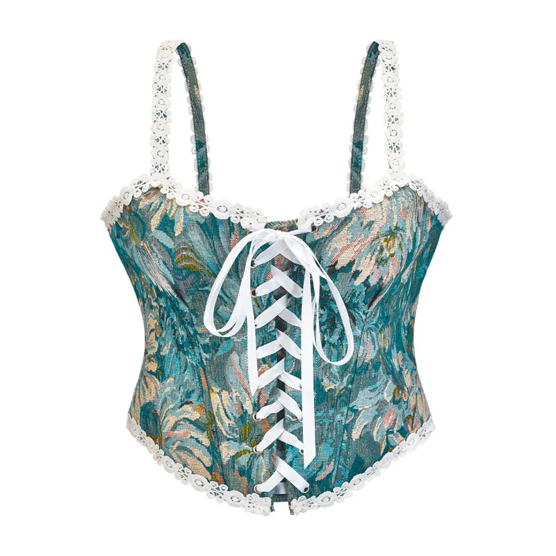 

Blue Floral Printed & Appliques Spaghetti Straps Lace Up Sexy Fashion Corsets For Women Vintage Corset Crop Top Bustier Femme