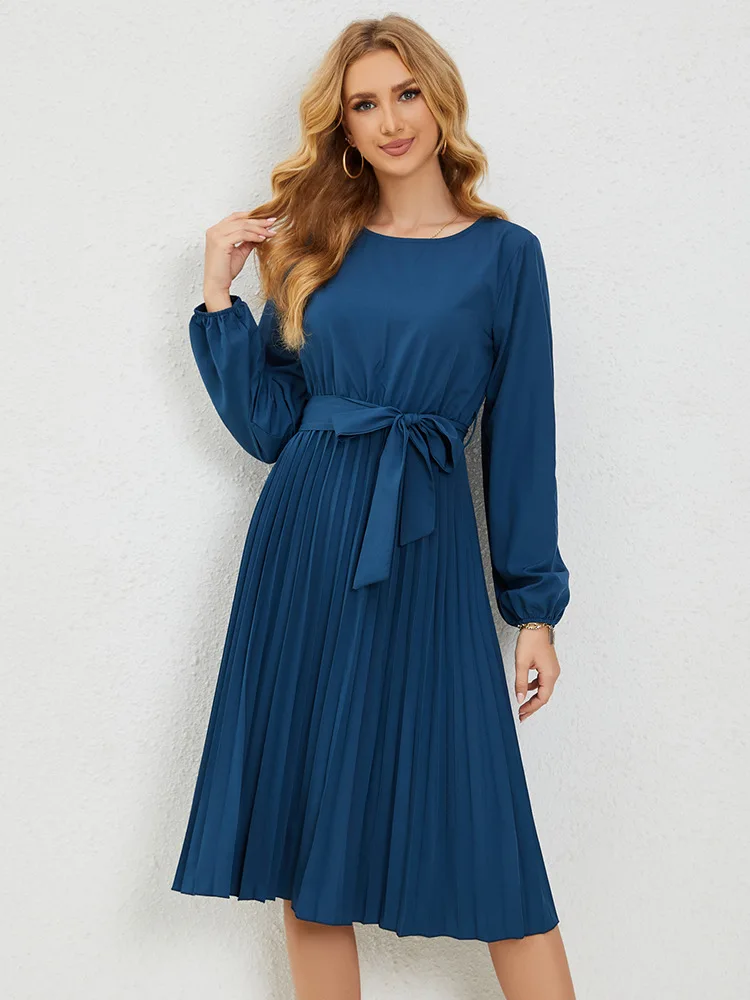 HOT⭐Elegant Womens Solid Drawstring Long Sleeve Pullover Midi Dress Ladies Spring A-Line Ruffled Party Gowns Clubwear Cocktail