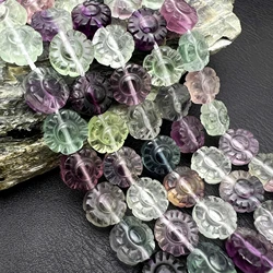 12MM 33PCS Hand Carved Flower Shape Natural Colourful Fluorite Crystal Round Coin Space Beads