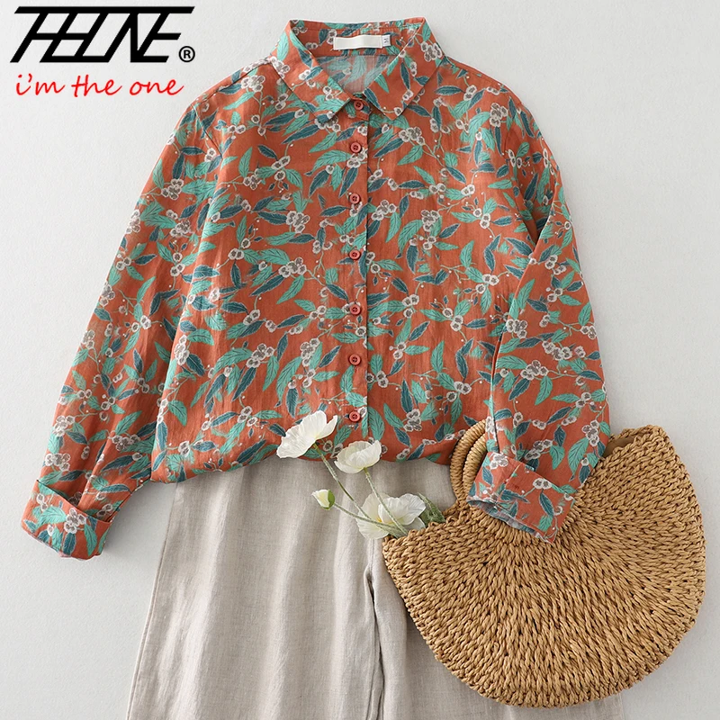 THHONE Autumn Winter Women Shirt Blouse Print Vintage Elegant Casual Korean Long Sleeve Vintage Loose Women's Clothing Oversize