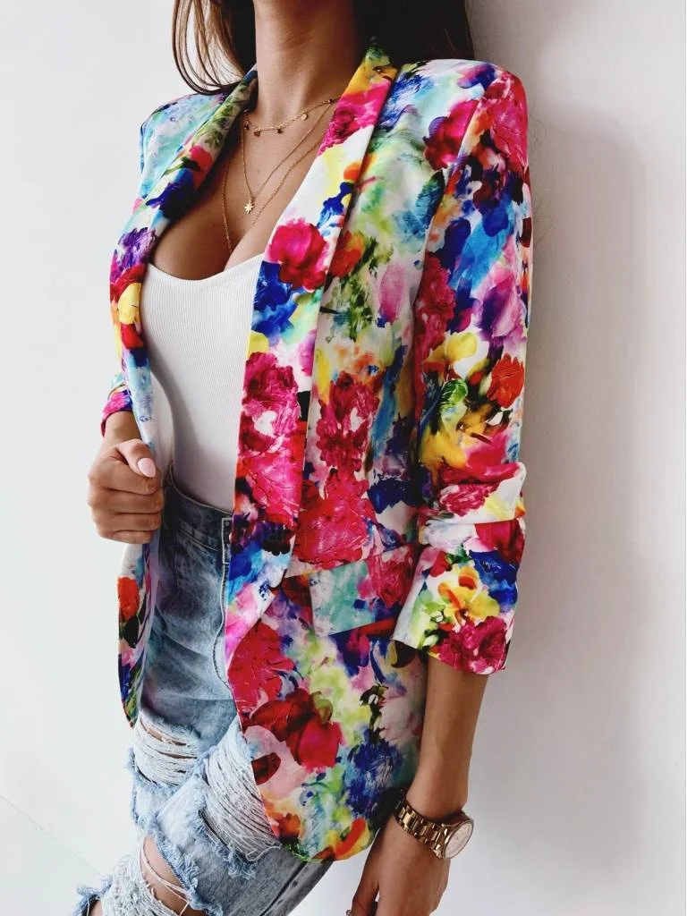 New  Women's Thin Printed Spring Outerwear Long Sve Small Suit Jaet Faionable Ele Sle Ladies' s
