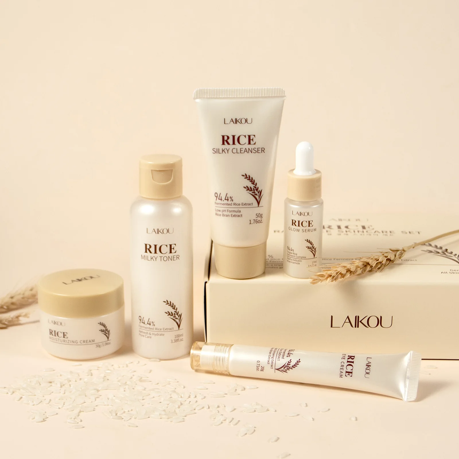 LAIKOU Rice Plant Extract 5 Piece Skincare Set Facial Cleanser Toner Essence Eye Cream Moisturizer Hydrating Anti Aging Gift Box