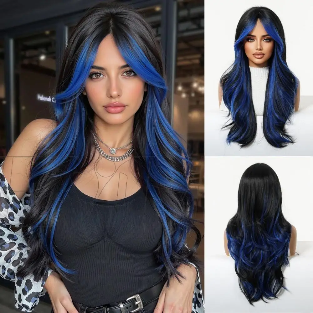 تجعيد الشعر الاصطناعية المتموجة ذات الجودة العالية مقاس 24 بوصة باللونين الأسود والأزرق مناسبة للشعر المستعار اليومي الطبيعي والرقيق #1