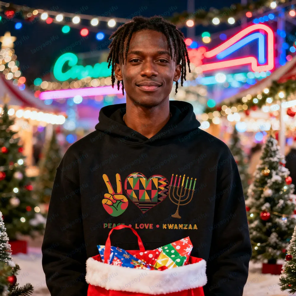 

Peace Love Kwanzaa African American Heritage Kwanzaa Unisex Sweatshirt Graphic Printed Hoodies Men Women Casual Clothing