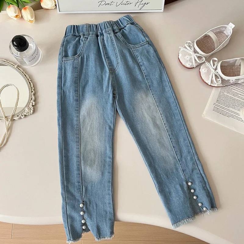 Girls' Fashion Jeans2024Autumn New Style Baby Girl Western Style Trousers Bifurcated Rivet Beads Denim Trousers