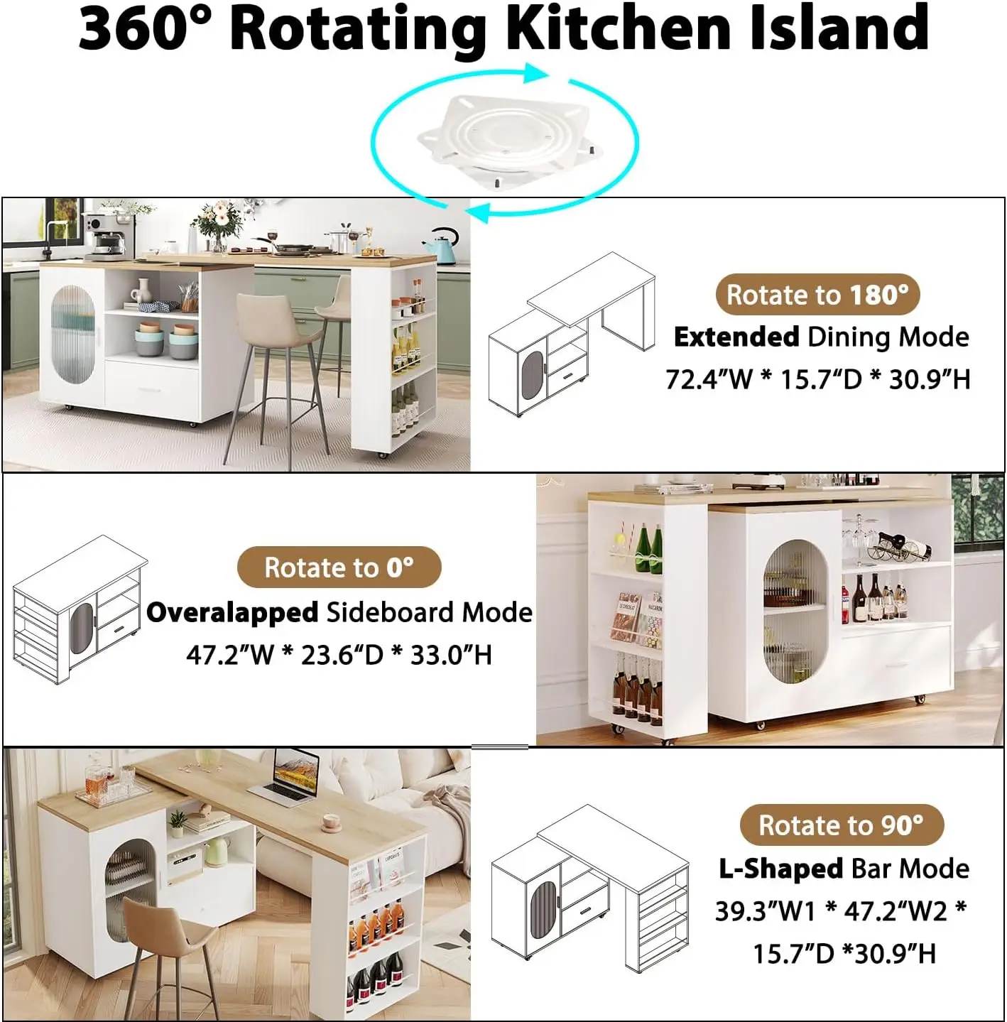 72.4' โต๊ะครัวแบบเคลื่อนที่พร้อมที่เก็บของ ลิ้นชัก และชั้นวาง สีขาว รถเข็นเคลื่อนที่ทันสมัยบนล้อ