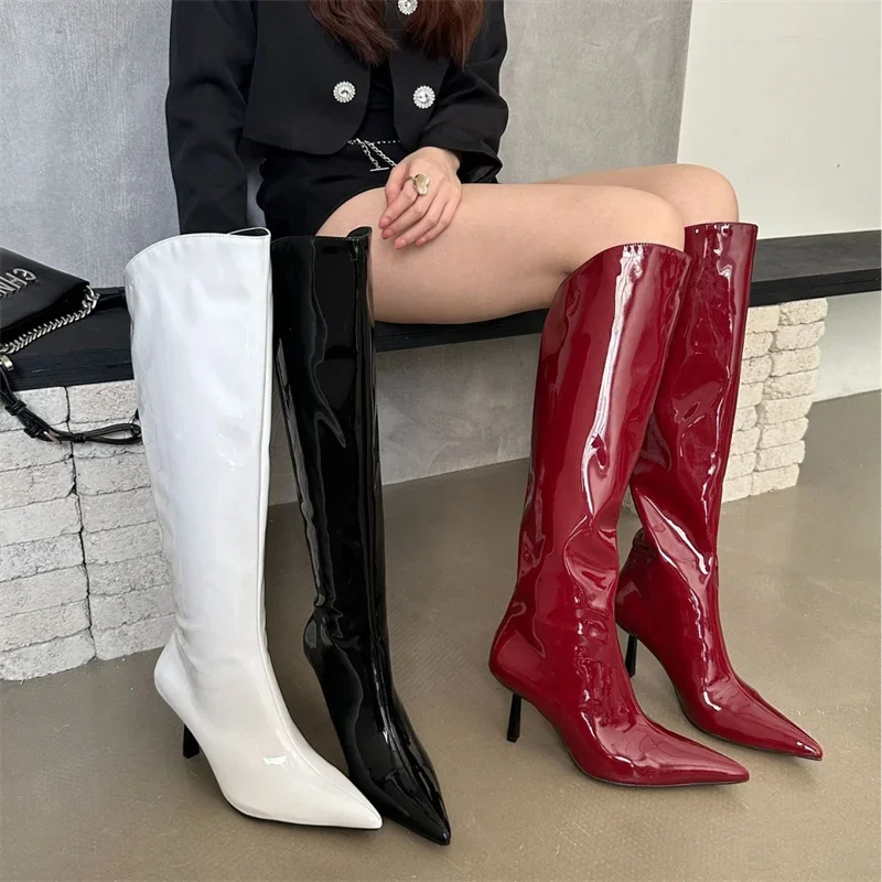 Patent Leather Boots Pointed Toe Botas Kitten Heels Sewing Design Knee Women Shoes Fashion Modern Zapatos Mujer Luxury New Cozy