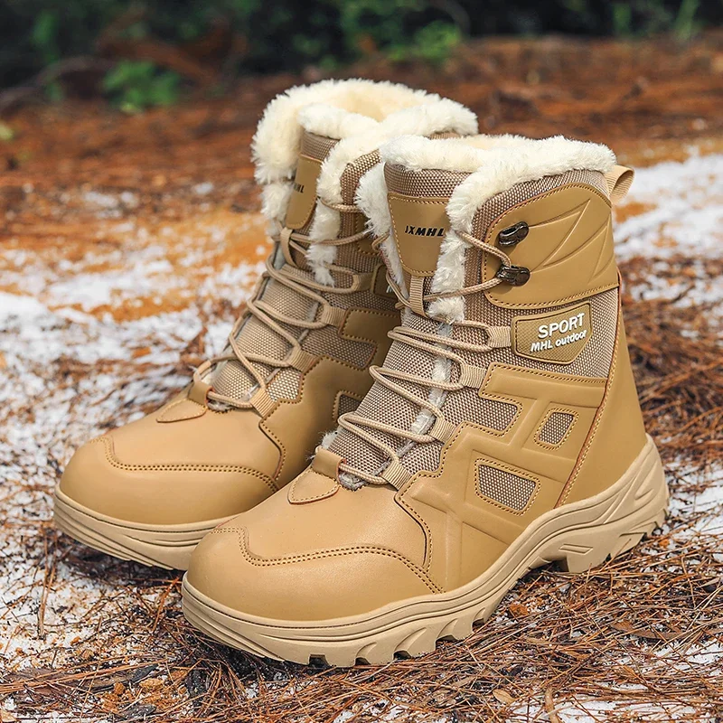 New Warm Plush Men's Snow Boots High Top Men's Boots Non-Slip Outdoor Combat Boots Thick Bottom Ankle Boots Winter Men's Shoes