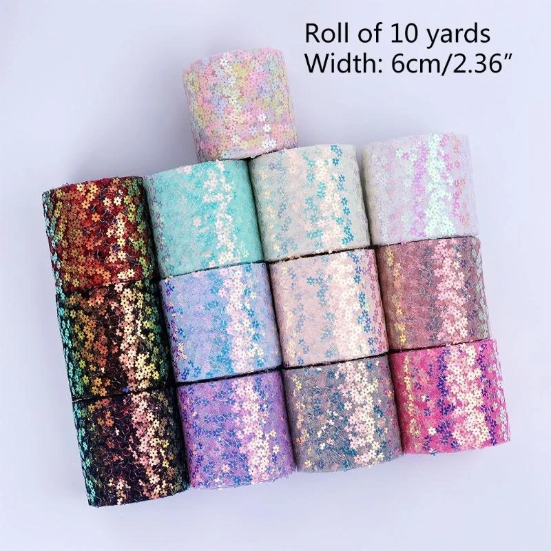 

R1WE 6inch 10YardsTulle Roll Plum Flower Sequins Tulle Spool Shiny Sewing Craft Ribbon for Table Chair Sash Bow Costume