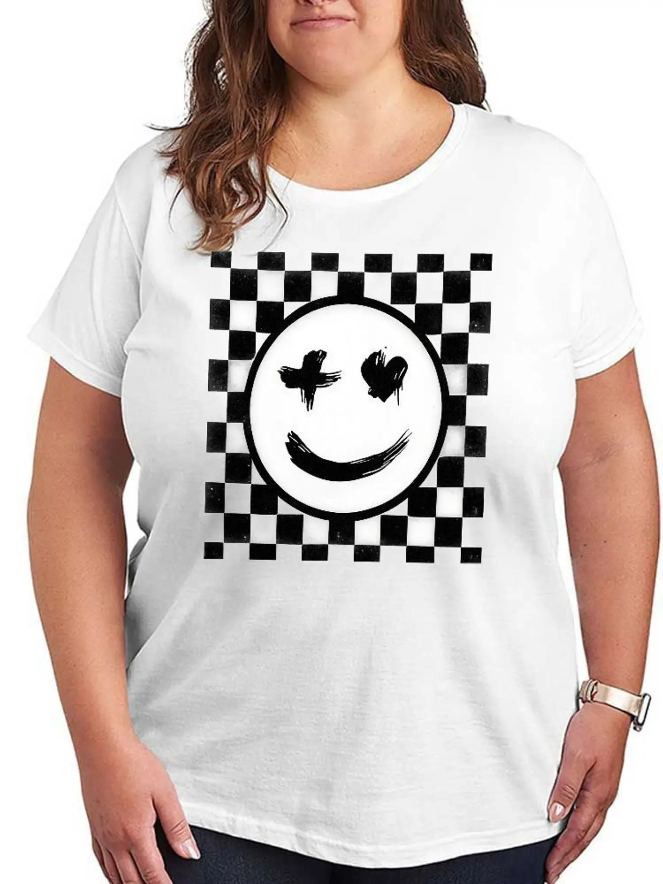 Fashion Smiley Face Graphic T Shirt Women's Stretchy Top Plus Size Casual Short Sleeve Punk Checkered Print Aesthetic Summer Clothes