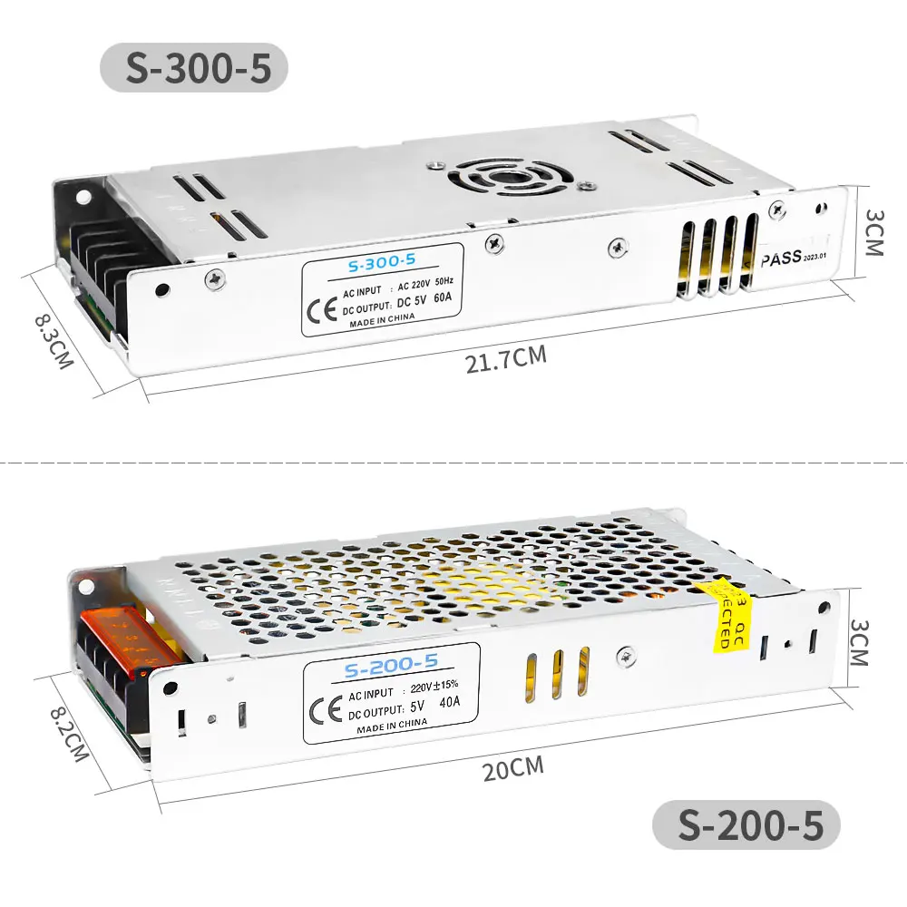 5V 40A/60A LED Light Adapter  AC200-240V to DC5V Transformer 200/300W Led Power Supply Driver For WS2812B WS2813 SK6812 SK9822