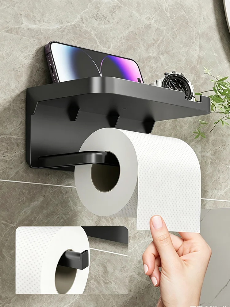 Toilettenpapierhalter ohne Bohren mit Ablage, Wandmontierter Papierrollenspender für Badezimmer, Multifunktionales Aufbewahrungsregal – Detail 3