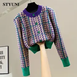 Houndstooth Single-breasted O-Neck High Street Knitted Women's Sweaters Long Sleeve Patchwork Short Jumpers Female Cardigans