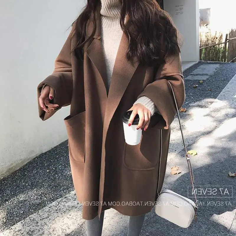 Autumn Winter Fashion Turn-down Collar Long Sleeve Mao Trench Women's Clothing Medium Long Styles Button Korean Simplicity Tops