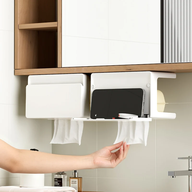 Tissue holder for under the mirror cabinet (no drilling required), hanging phone mount for the vanity, and multi-purpose storage