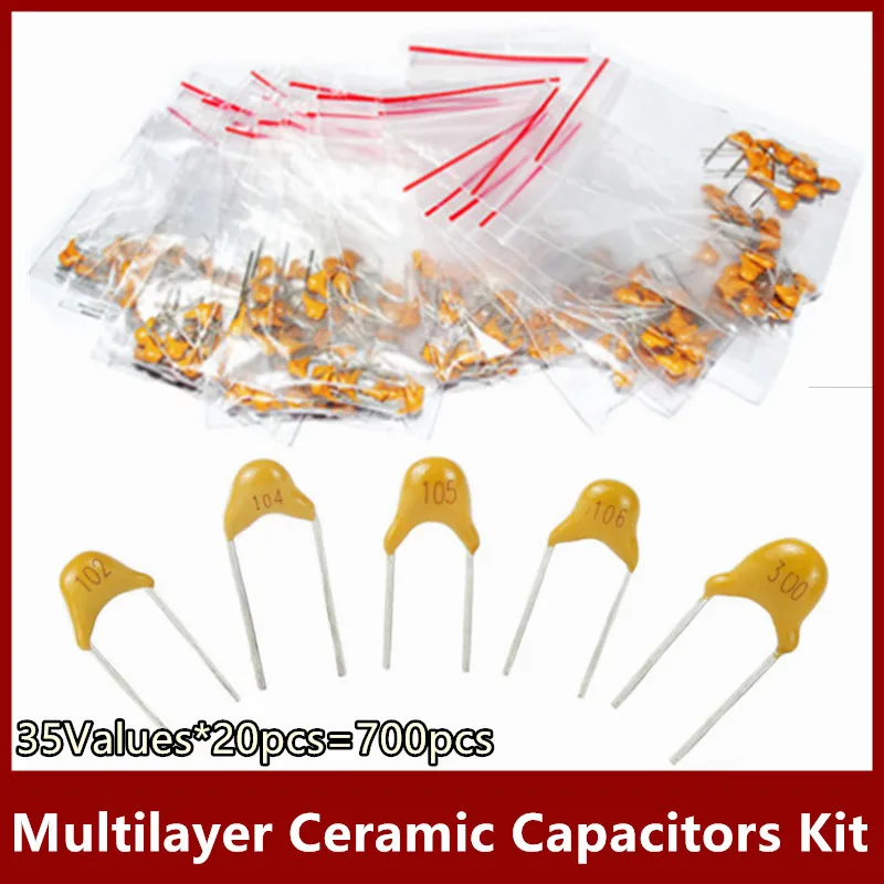 MLCC capacitor 35 Values*20pcs=700pcs 10pF~2.2uF 50V 5.08mm Multilayer Ceramic Capacitors Assortment Kit