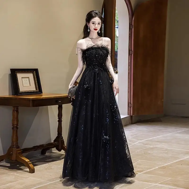 

Black Tube Top Evening Dress for Women French Style Host Light Luxury Minority High-End Birthday Banquet Adult Ceremony