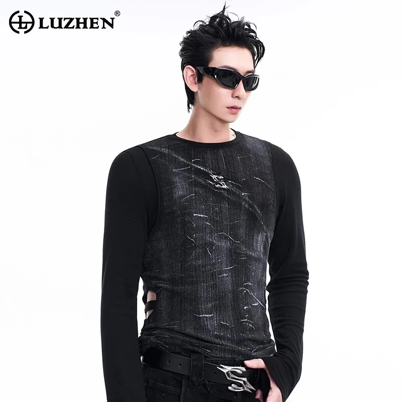 LUZHEN Hollow Design Slim Bottom Shirt Warm Personalized Streetwear Wornout Trendy Long Sleeve T-shirts Niche Male Autumn LZ7276